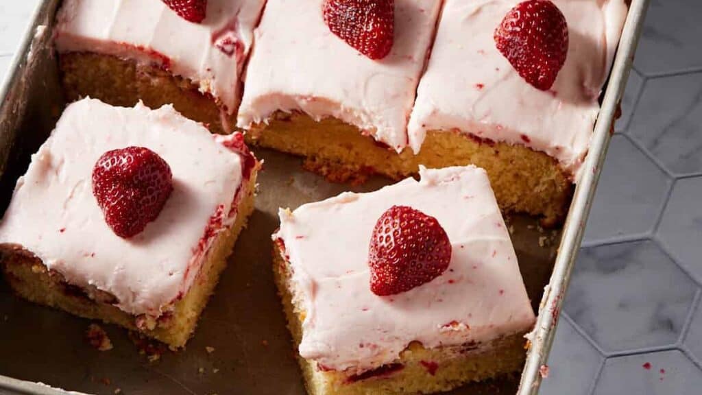 Strawberry Poke Cake in a baking pan.