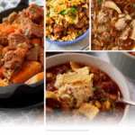 A collage of four crockpot meals—beef stew, rice with sausage, chicken soup, and chili with cornbread—shows how you can stretch your grocery budget with these crockpot meals. “18 Easy Crockpot Meals to Save You Time and Money” appears at the bottom.