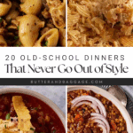 A collage of four classic comfort foods: macaroni with ground beef, a cheesy casserole topped with potato chips, chili with tortilla strips, and a bean and barley stew. Text reads: “20 old school dinners we swore we’d outgrow—yet never do.”.