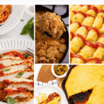 Collage of classic American comfort foods, including spaghetti, cheesy casserole, tater tots with ketchup, chicken parmigiana, and cornbread with chili. Text reads: "14 Classic American Recipes—these old school American meals bring back all the feels.
