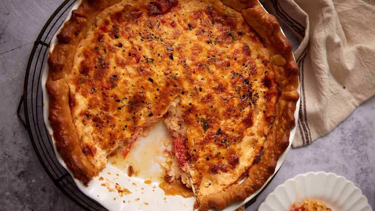 Pimento cheese tomato pie with a golden crust.
