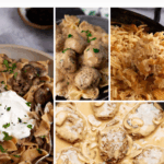 A collage of vintage comfort food dishes, like meatballs in sauce, cheesy potato casserole, and creamy pasta, with the text: "17 Vintage Recipes Making a Delicious Comeback—vintage recipes are back and they’re easier than ever.