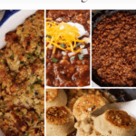 A collage of Southern comfort foods—cornbread dressing, chili with cheese and sour cream, crispy ground beef, and a creamy biscuit-topped casserole—with text reading "16 Southern Recipes to Pass These Southern Recipes Down Too.