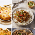 A collage of retro dishes—pineapple upside-down cake, stew over rice, cheesy casserole, and creamy mushroom pasta. Text reads: "You're not a true '80s kid unless you remember these dishes: The Ultimate ’80s Kid Recipe Collection.