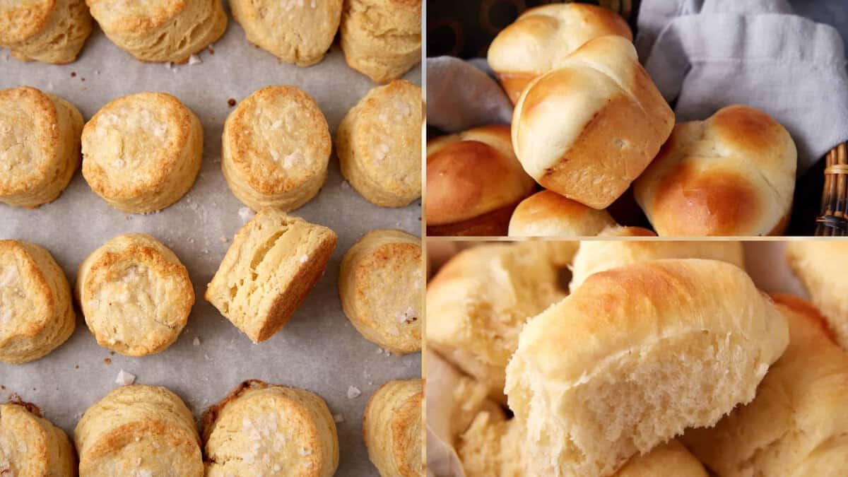 A collage showing flaky biscuits on parchment paper at left, and soft, golden dinner rolls in baskets and close-up at right.