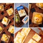 Collage showing Triscuit crackers topped with melted cheese and seasonings, including a Dill Pickle Triscuit Appetizer, alongside packages of Triscuit, pepper jack cheese, olives, and cheese slices on a cutting board. Text reads "10-Minute Triscuit Appetizers.