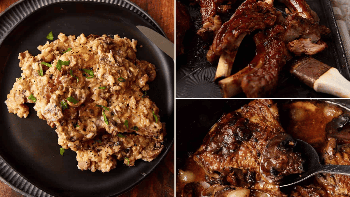 A collage showing three dishes: creamy smothered pork chops with rice on a black plate, saucy barbecue ribs, and braised beef with onions in a rich sauce.
