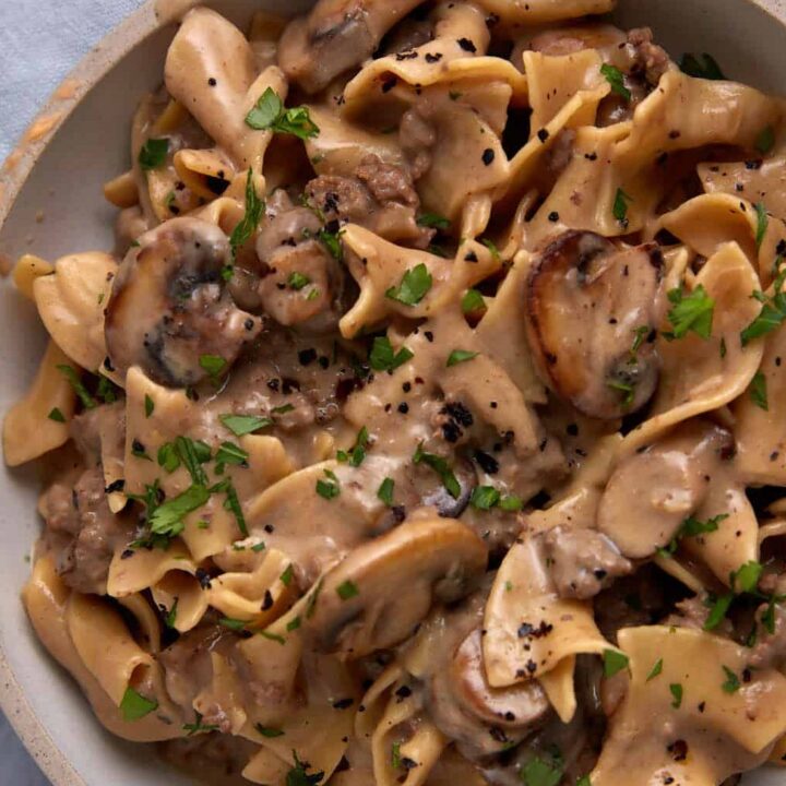 Beef stroganoff in a serving bowl.