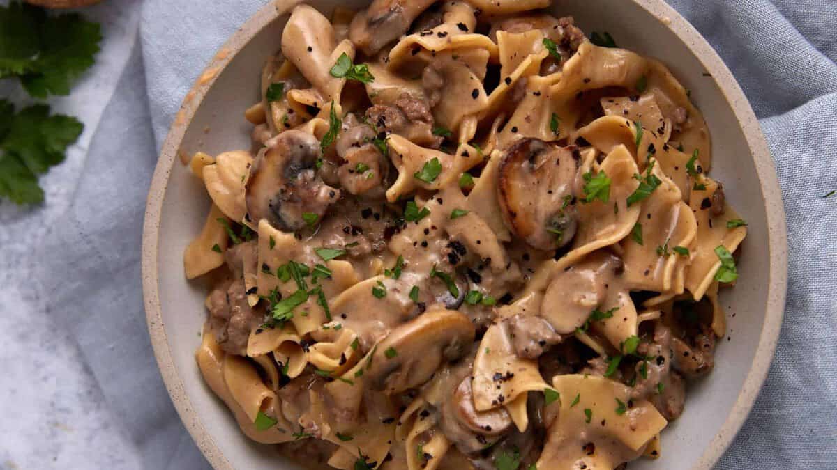 Beef stroganoff in a serving bowl.