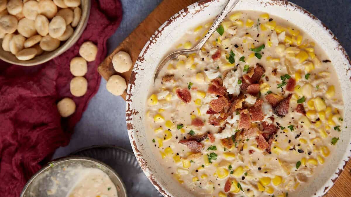 A bowl of corn and crab bisque next to a ladel and crackers.