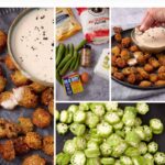 A collage shows fried okra coated in cornmeal with dipping sauce, raw okra slices, and ingredients like flour, cornmeal, eggs, and seasoning. A hand dips a crispy fried okra piece into sauce. Text reads "Southern Fried Okra.