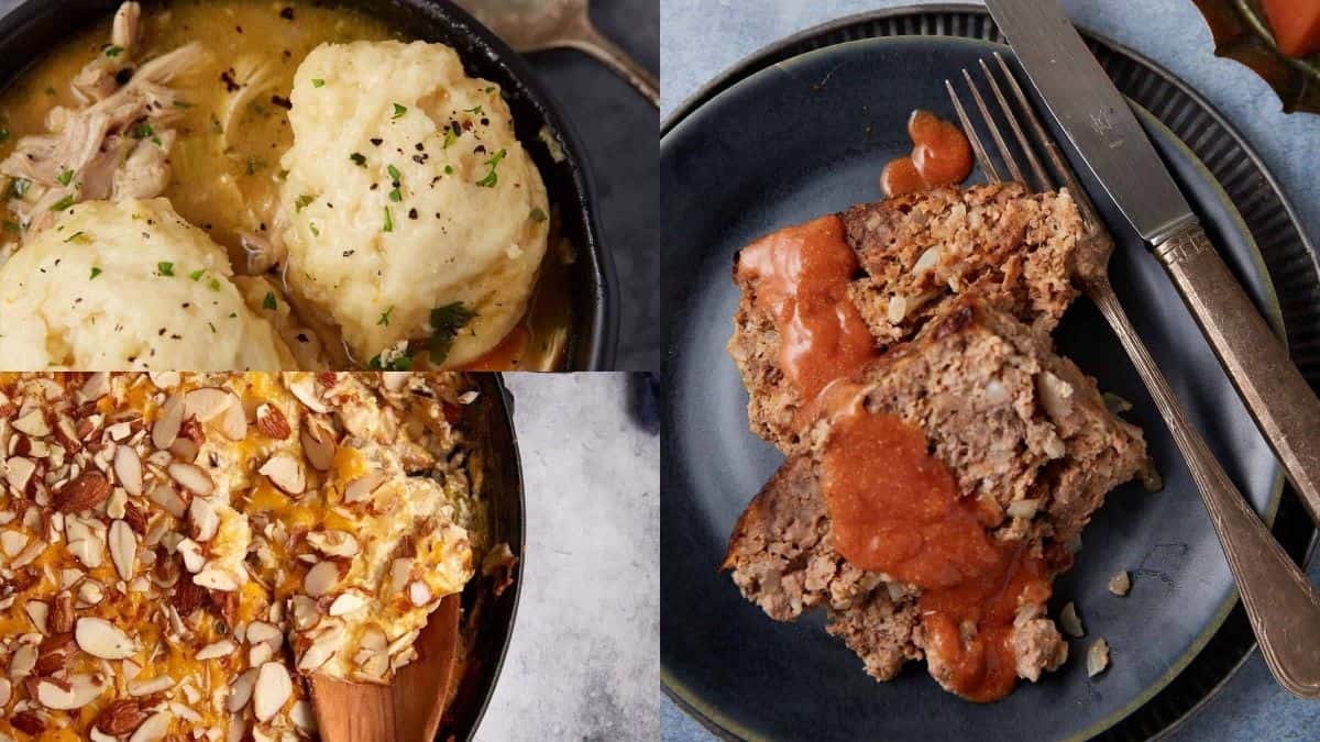 A collage of three dishes: chicken and dumplings in a bowl, almond-topped casserole, and slices of meatloaf with sauce on a plate with a knife and fork.