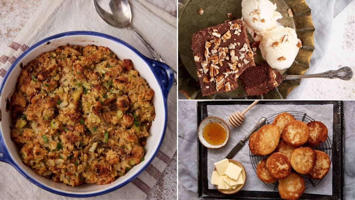 A collage of three food images: baked stuffing in a round dish with a spoon, a plate of ice cream with chocolate cake and nuts, and a tray with fried cakes, butter slices, and a bowl of honey.