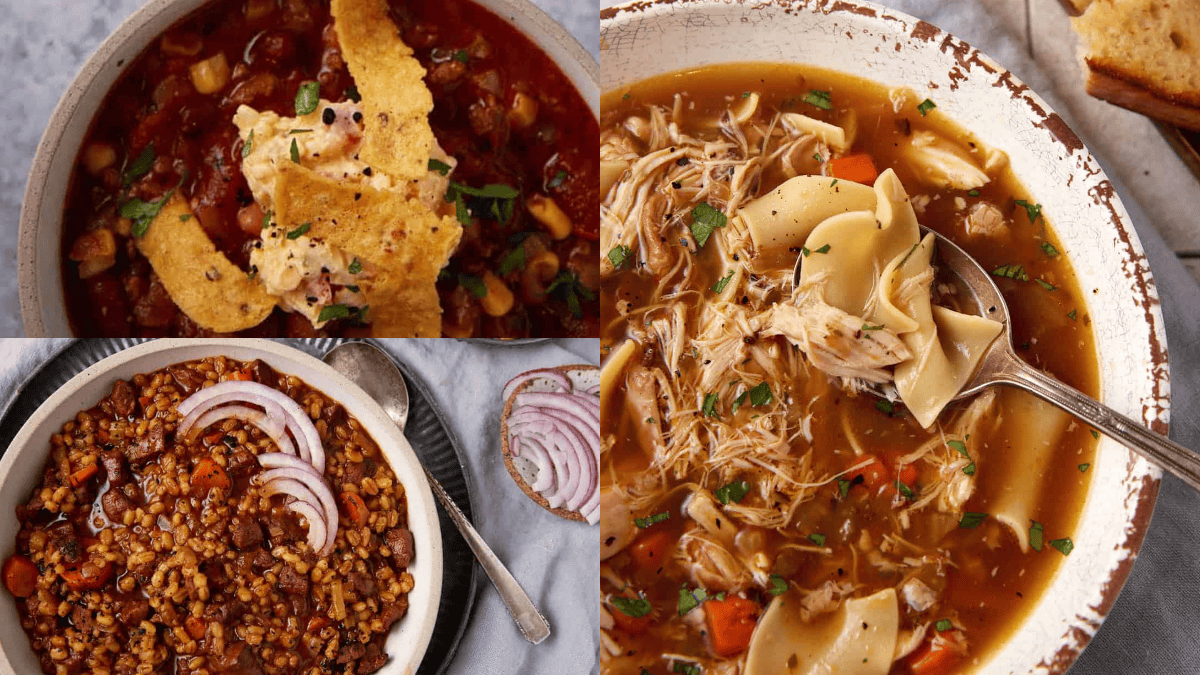 Three bowls of soup and chili: top left shows chili with corn, beans, tortilla strips, and sour cream; bottom left shows chili with barley and red onion slices; right shows chicken noodle soup with carrots and herbs.