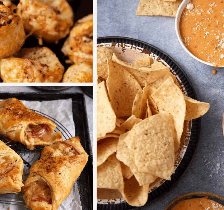 A collage shows cheesy baked pinwheels, puff pastry pockets with ham and cheese, and tortilla chips with bowls of creamy orange queso dip—perfect additions to game day menus that keep fans fed and happy.