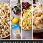 Four panels show ingredients and steps for a fresh Greek pasta salad with yogurt-dill dressing: cooked pasta, yogurt, feta, olives, artichokes, cucumber, lemon, and a finished Greek pasta salad garnished with feta cheese.