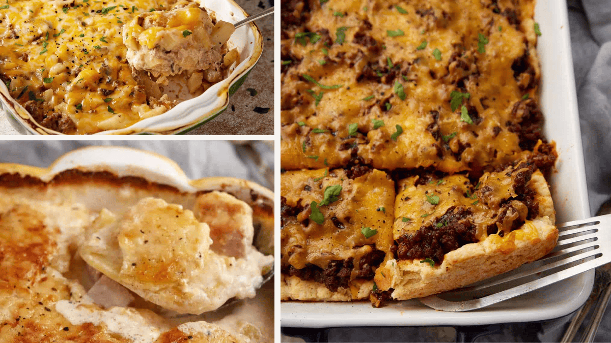 Three casserole dishes filled with baked cheesy casseroles—if you grew up in the 80s, you’ll recognize these dinner classics. Enjoy a close-up of sliced potatoes and a ground beef-topped casserole, all smothered in melted cheddar cheese and herbs.