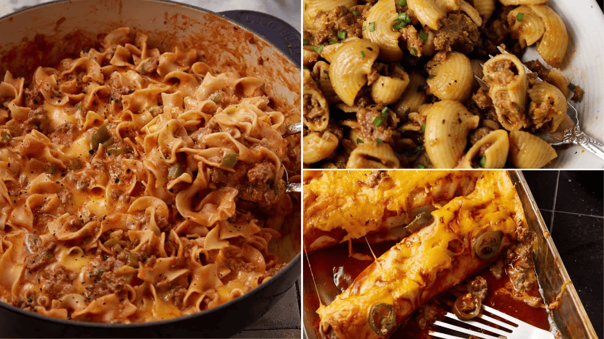 A collage shows three cheesy pasta dishes: a pot of creamy beef and noodle casserole, a plate of shell pasta with ground beef, and a baking dish of beef enchiladas topped with melted cheese and sliced jalapeños.