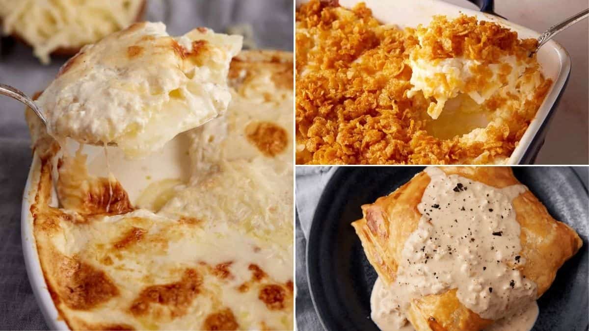 A collage of three creamy potato dishes: cheesy gratin, a baked casserole topped with crunchy crumbs, and a pastry topped with peppered sauce, all served on plates or in baking dishes.