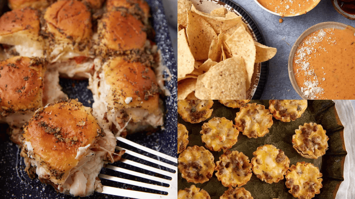 A collage showing baked sliders with poppy seeds, tortilla chips with dip, and mini cheesy meat tarts on a tray—these appetizers keep the crowd cheering from start to finish.