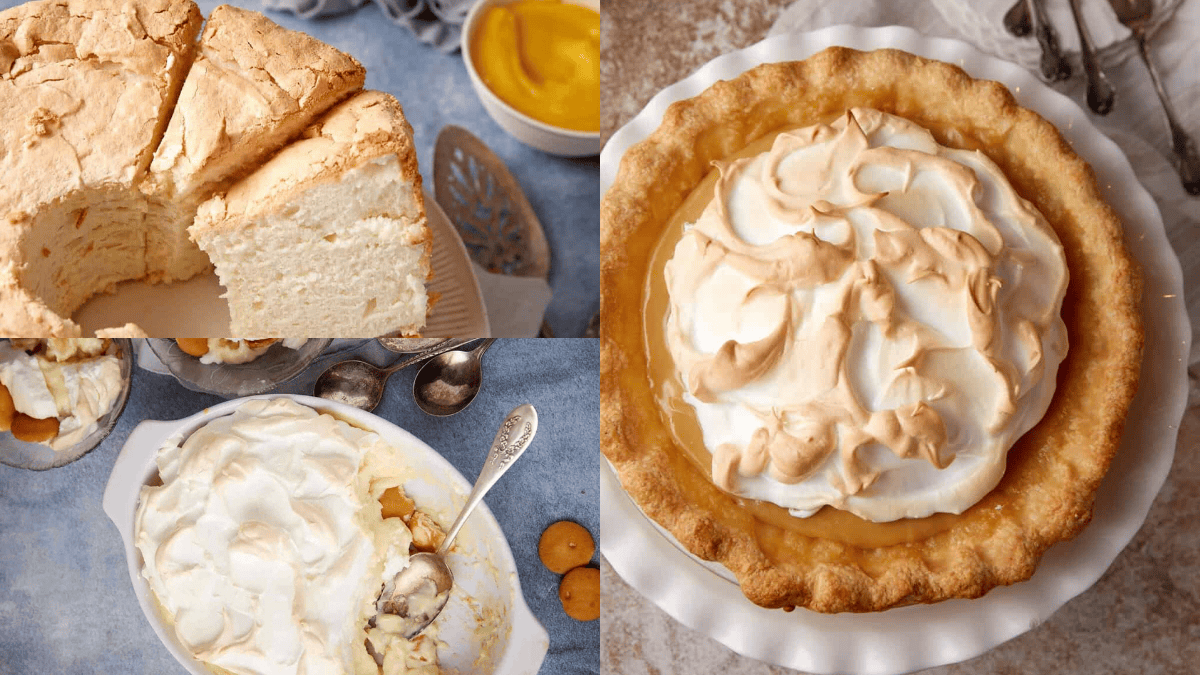 A collage of three desserts evokes when church potlucks ruled the weekend: top left, a sliced fluffy angel food cake; bottom left, banana pudding with whipped cream; right, a baked meringue pie in a white pie dish.