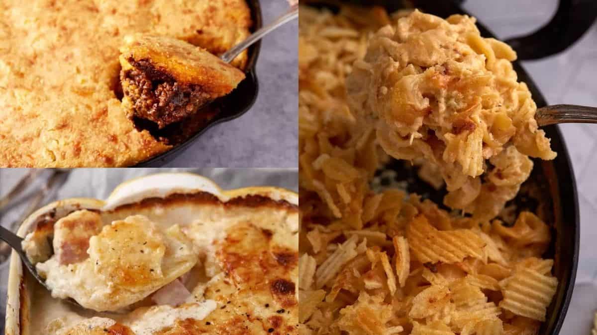 A collage of three casseroles: cheesy beef casserole with a golden crust, creamy potato bake topped with melted cheese, and a noodle casserole with crunchy potato chips on top, each shown being served with a spoon.