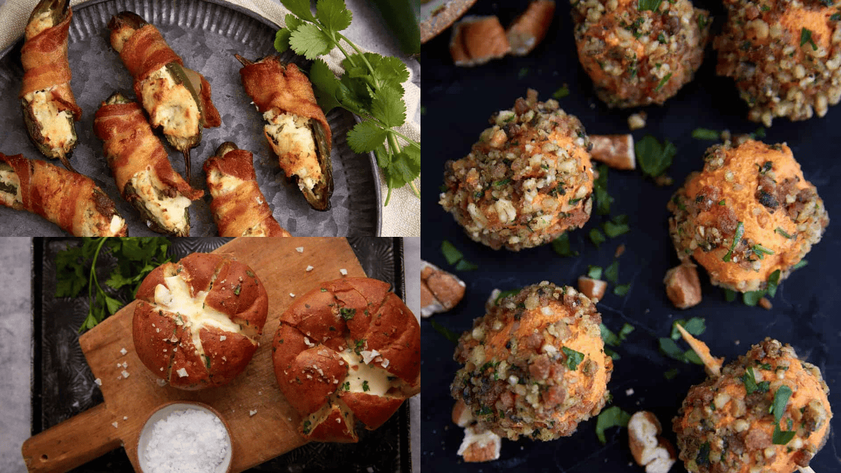 A collage of three images: bacon-wrapped jalapeño poppers on a plate, pretzel balls filled with cheese on a black tray, and herb-topped stuffed bread rolls on a wooden board with a bowl of salt.