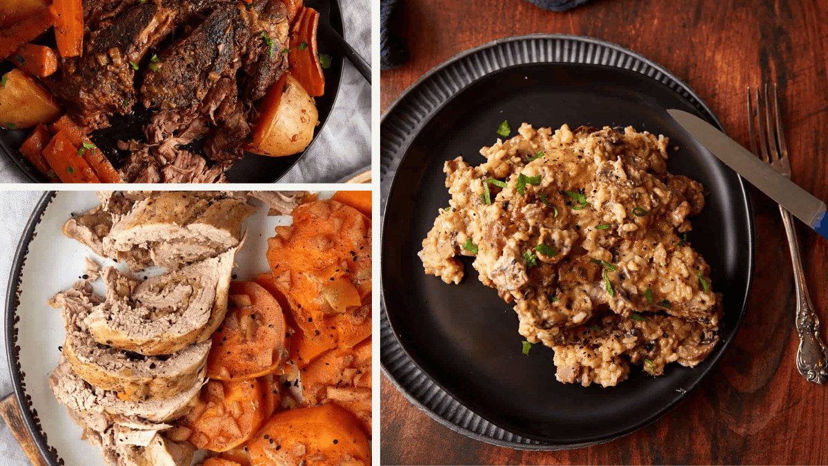 A collage featuring pot roast with vegetables, sliced pork with sweet potatoes, and a plate of creamy mushroom chicken with rice on a dark background.