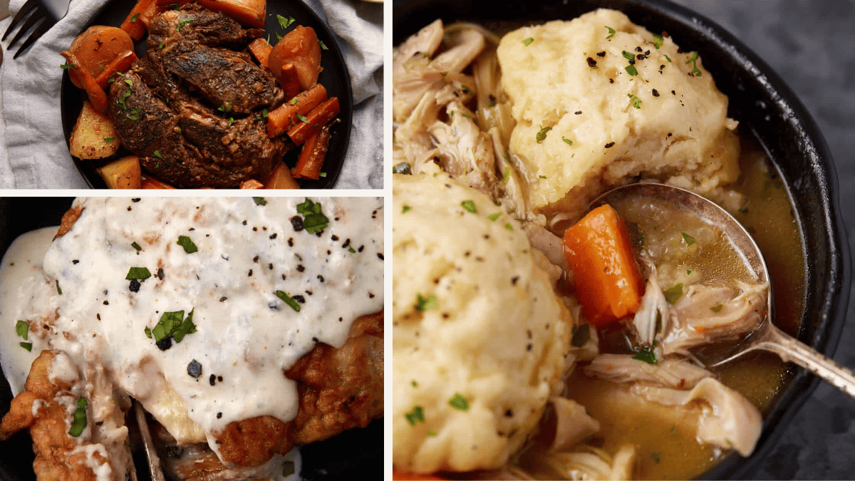 A collage shows pot roast with carrots and potatoes, creamy chicken with melted cheese, and chicken and dumplings soup garnished with herbs.
