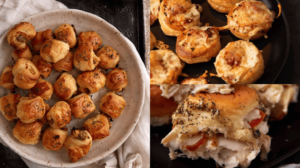 A plate of golden-brown puff pastry bites on the left, with two close-up images of cheesy, baked savory rolls and a sandwich slider with poppy seeds on top on the right.
