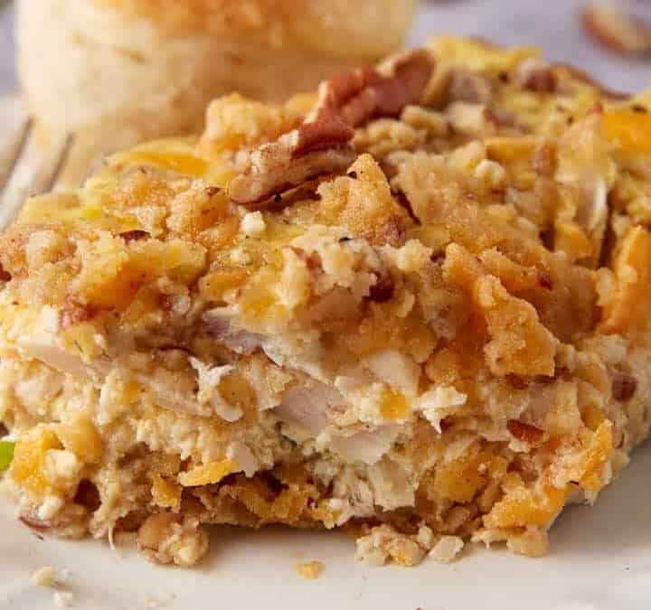 A serving of creamy pecan chicken casserole.