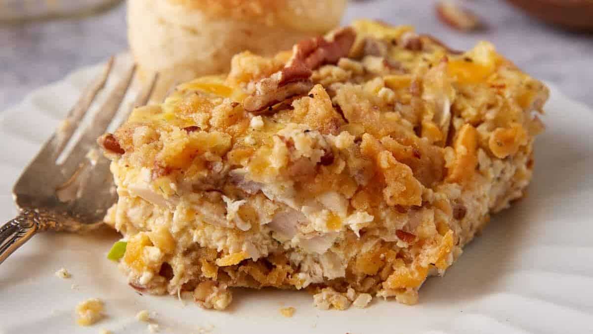A serving of creamy pecan chicken casserole.
