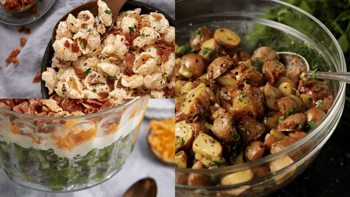 Three different potato salads: a creamy potato salad with bacon, a loaded layered potato salad with cheese and green onions, and a roasted potato salad with herbs, all served in clear bowls.
