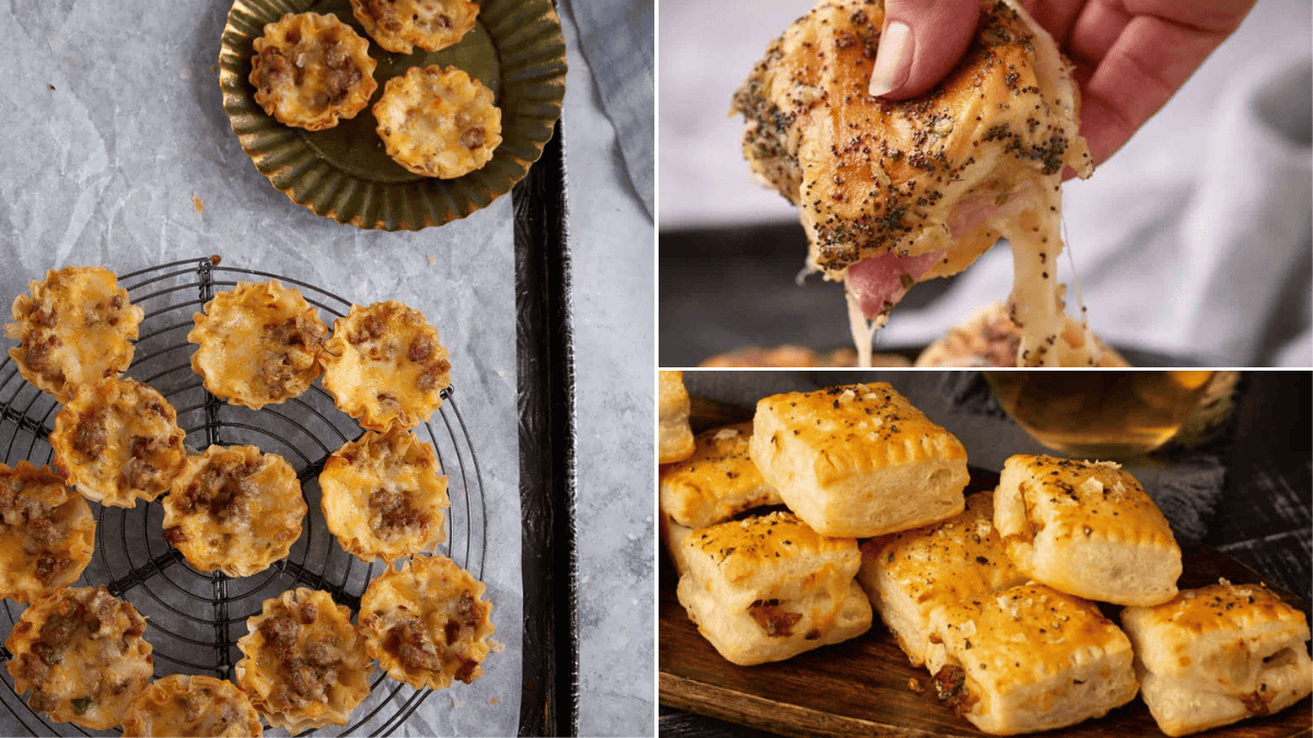 A collage showing: mini savory tarts with cheese and sausage on a cooling rack, a hand pulling apart a cheesy stuffed bread roll, and a wooden board with golden-brown, flaky pastry squares.
