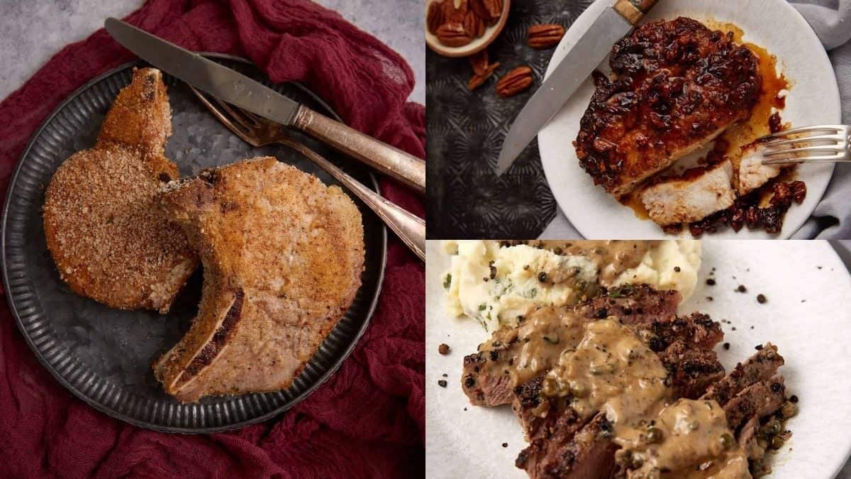 A collage showing why these quick dinners are perfect for back to school weeknights: breaded pork chops with knife and fork; glazed pork tenderloin with pecans; and peppered steak with brown gravy and mashed potatoes.