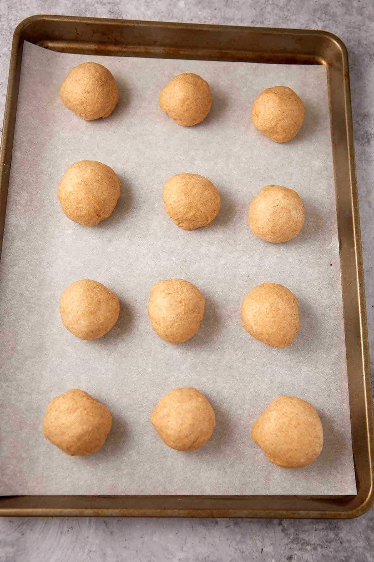Twelve evenly spaced balls of whole wheat roll dough on a parchment-lined baking sheet, ready to be baked, rest on a textured gray surface.