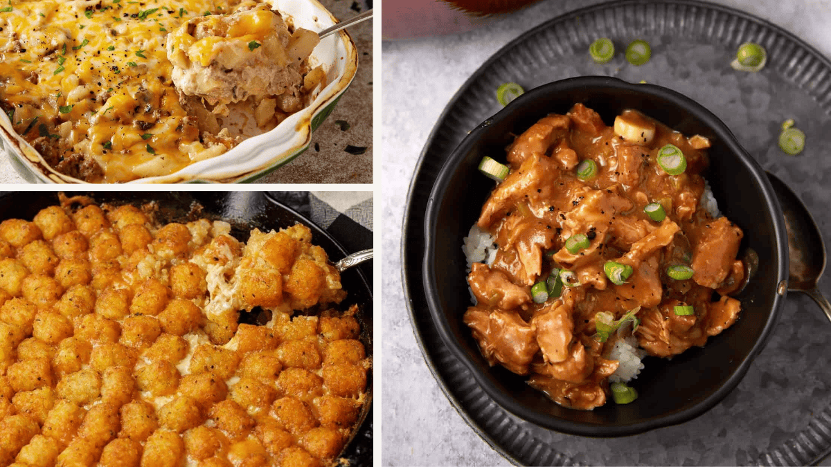 A collage of casseroles: top left, cheesy chicken casserole being served; bottom left, tater tot casserole with a golden crust; right, chicken and gravy over rice in a black bowl, topped with sliced green onions.