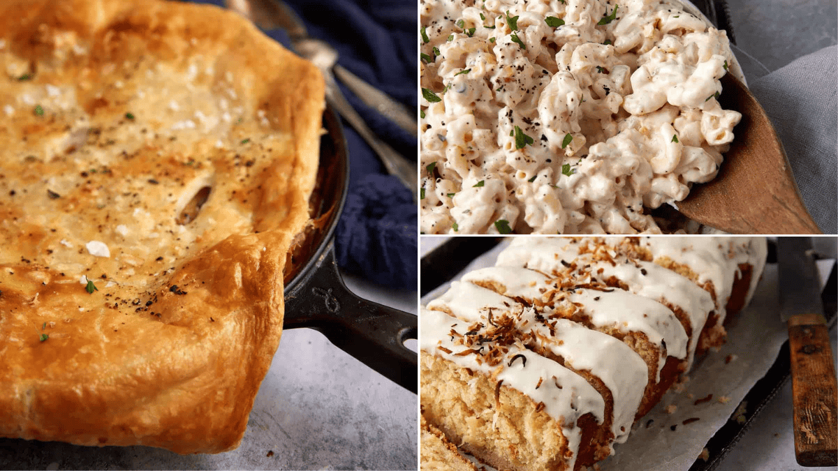 A collage showing a golden pot pie in a skillet, creamy macaroni salad on a wooden spoon, and a loaf cake drizzled with white icing, sliced and ready to serve.