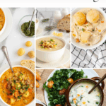 A collage of five hearty soups, including creamy, vegetable, and chicken soups, garnished with herbs and served with bread, arranged under the text “Soup dinners that will be on repeat all season—Perfect for Fall Evenings.”.