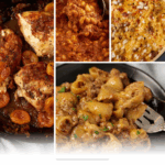 A collage of four images featuring hearty family-style dinners, including baked chicken with apricots, cheesy pasta, and a baked pasta dish, with text reading "18 Family Dinners That Feel Like a Friday Night.