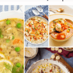 A collage of four soups you can make ahead: chicken soup with lemon and peas, creamy soup with chives and bacon, tomato-based seafood soup, and a chowder with bacon bits, beneath the text "Make-Ahead Soups: 18 Freezer-Friendly Recipes.