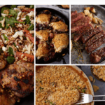 A collage of skillet dishes—chicken with tomatoes and greens, roast chicken with grapes, steak with garlic, crispy herbed chicken, and a crunchy casserole. Text reads "19 skillet recipes that make cleanup a breeze.