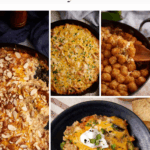 A collage of four different casseroles—each topped with cheese, tater tots, or almonds—under a header that reads "21 Easy Casseroles Every Busy Family Will Love.