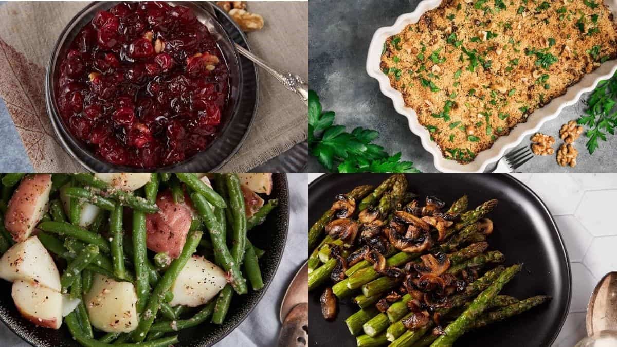 A collage of four dishes: cranberry sauce in a bowl, a baked casserole topped with breadcrumbs and parsley, green beans with red potatoes, and roasted asparagus with sautéed mushrooms—these are Thanksgiving recipes grandma would ask for.