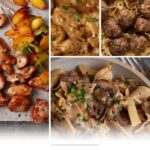 A collage of hearty weeknight dinners, like sausage and veggie skewers, creamy beef stroganoff, and meatballs over egg noodles, with the text: "Under-an-hour-dinners: Weeknight Dinners Done in 60 Minutes or Less.