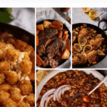 A collage of four hearty one-pot dishes: cheesy tater tot casserole, pot roast with carrots and potatoes, lemon chicken with potatoes, and chili topped with raw onion slices. Text reads "31 One Pot Recipes Every Home Cook Should Know.