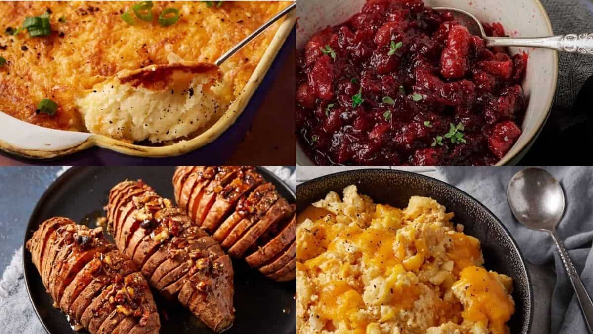 A collage of four Thanksgiving casseroles that deserve a comeback: mashed potatoes casserole, cranberry sauce, sliced and roasted sweet potatoes, and cheesy macaroni and cheese in bowls and trays.