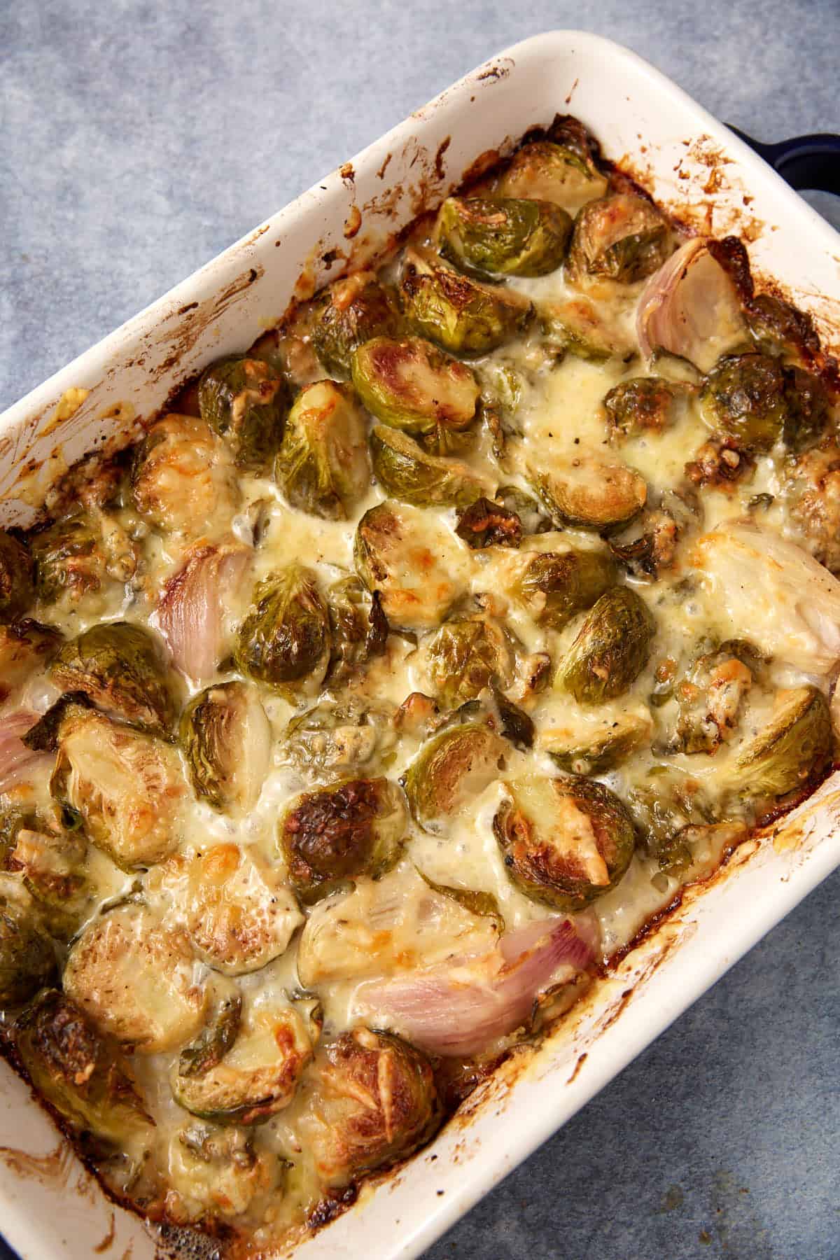 A white baking dish filled with roasted Brussels sprouts and shallots coated in melted, golden-brown cheese, resting on a gray countertop.