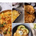 A collage of four casserole dishes featuring cheesy, baked southern casseroles—every Southern potluck had these casseroles—one topped with broccoli and breadcrumbs, another with potato chips, and a plated slice garnished with sour cream and avocado.