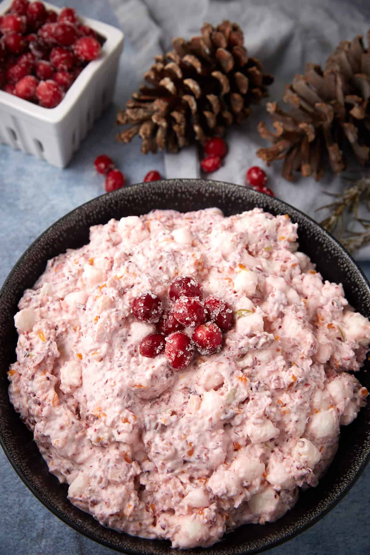 A bowl of pink cranberry salad topped with sugared cranberries, surrounded by pinecones and a small container of fresh cranberries on a blue surface.